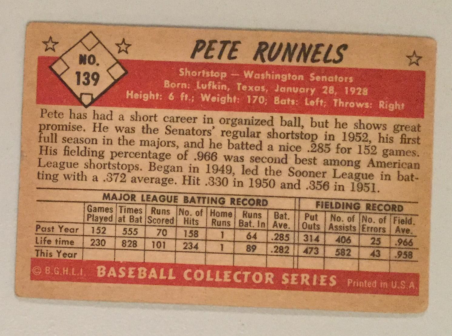1953 Bowman #139 Pete Runnels