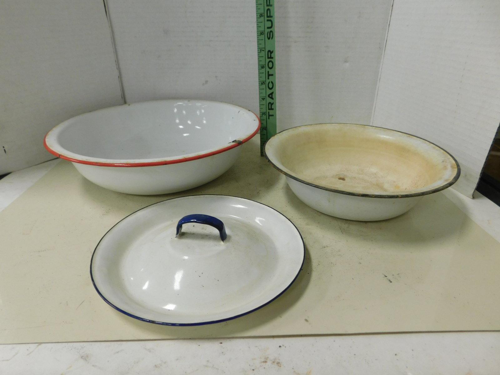 (2) ENAMEL WASH BASINS AND LID