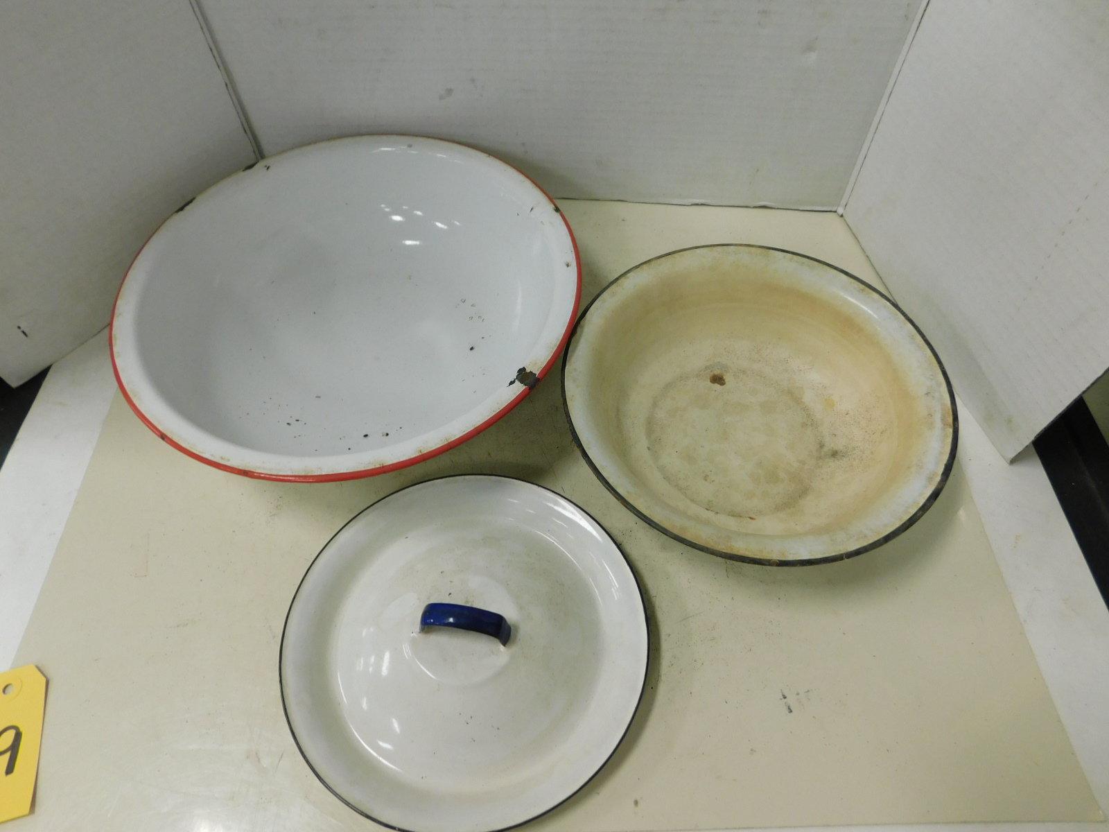 (2) ENAMEL WASH BASINS AND LID