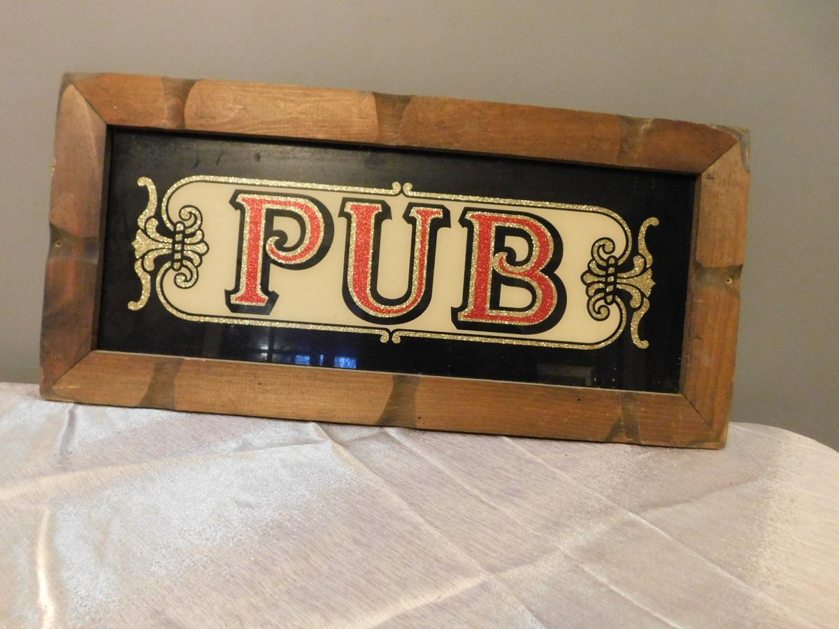 WOOD FRAMED METALIC "PUB" SIGN