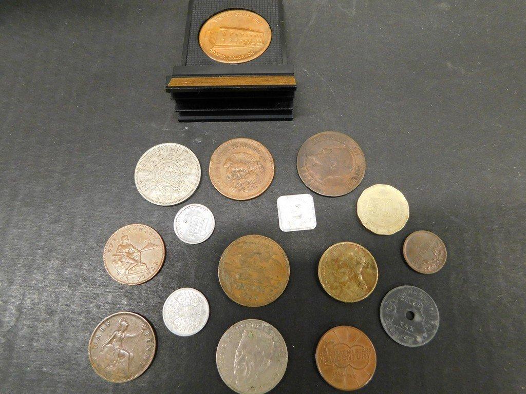 LOT OF FOREIGN COINS TOKENS AND MEDALS