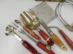 VINTAGE WOOD HANDLE KITCHEN UTENSILS W/ WOOD BOX