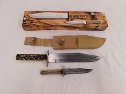 TRAMONTINA STAG HANDLED KNIFE SET W/ LEATHER SHEATH & BOX