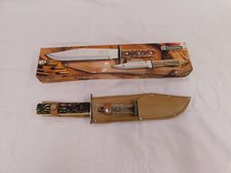 TRAMONTINA STAG HANDLED KNIFE SET W/ LEATHER SHEATH & BOX