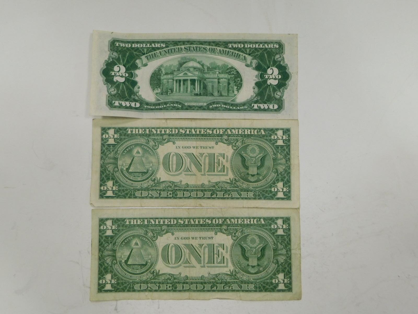 (2) 1957 SILVER CERTIFICATES & 1928 RED SEAL $2 BILL