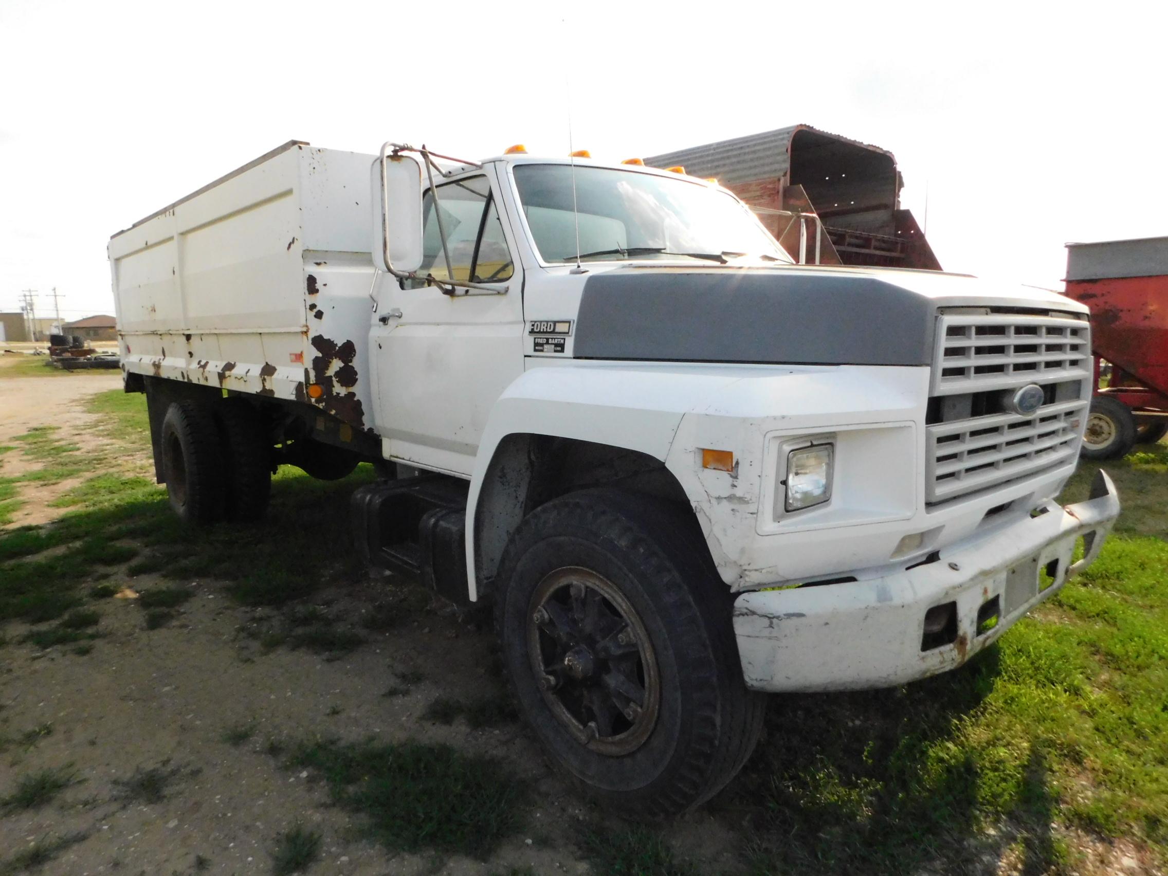 1985 FORD F800 SINGLE AXE GRAIN TRUCK W/ CRYSTEEL 14FT GRAIN BED