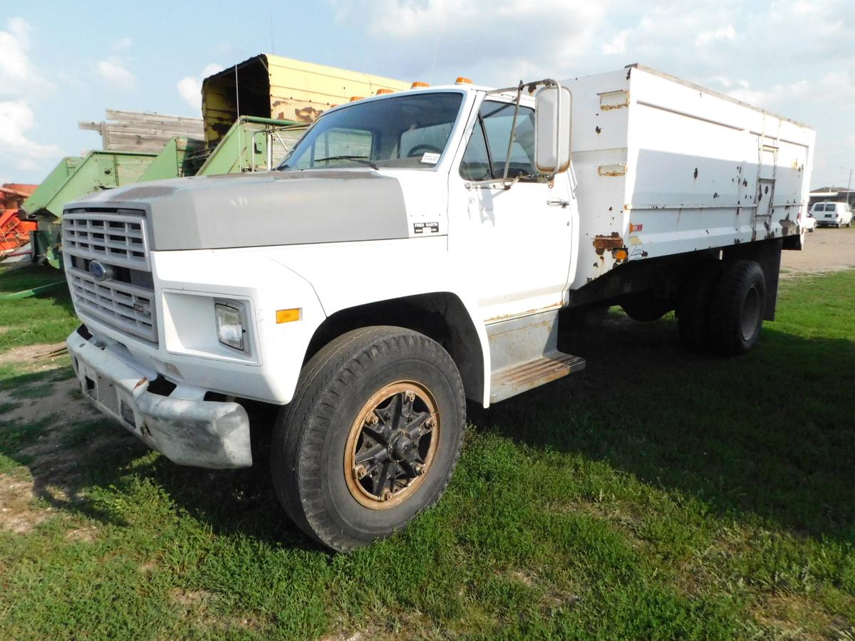 1985 FORD F800 SINGLE AXE GRAIN TRUCK W/ CRYSTEEL 14FT GRAIN BED