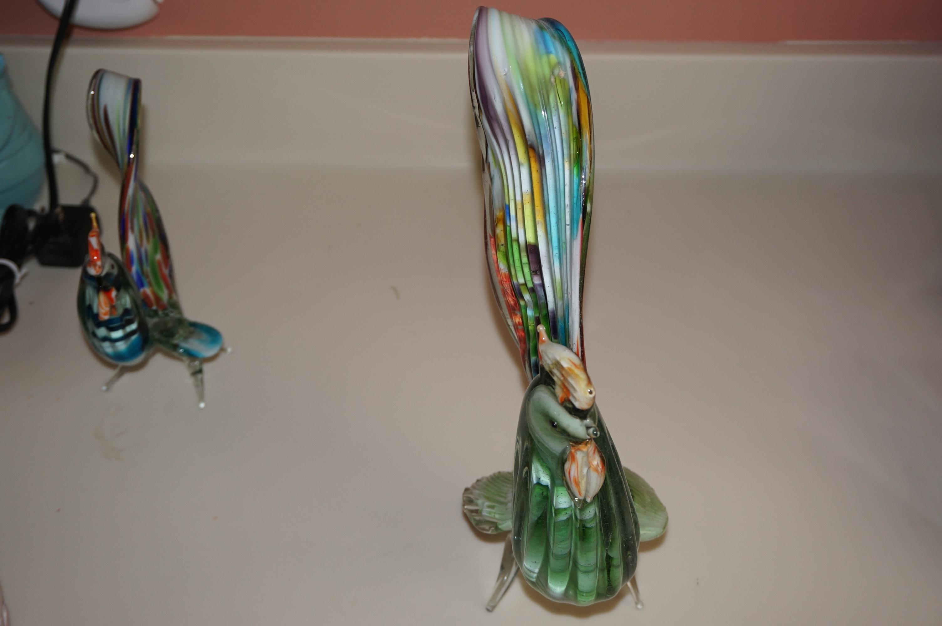 (2) ART GLASS ROOSTERS