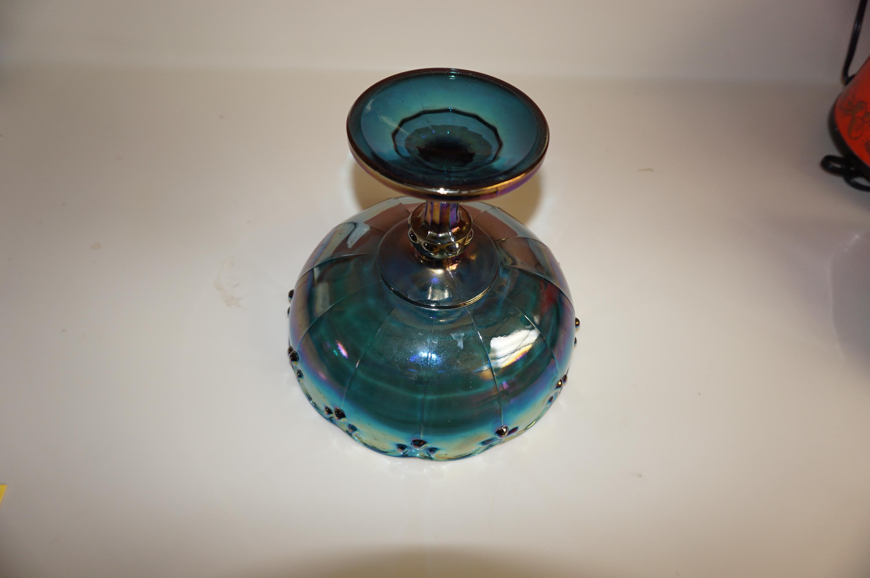 7-1/2"BLUE CARNIVAL GLASS COMPOTE