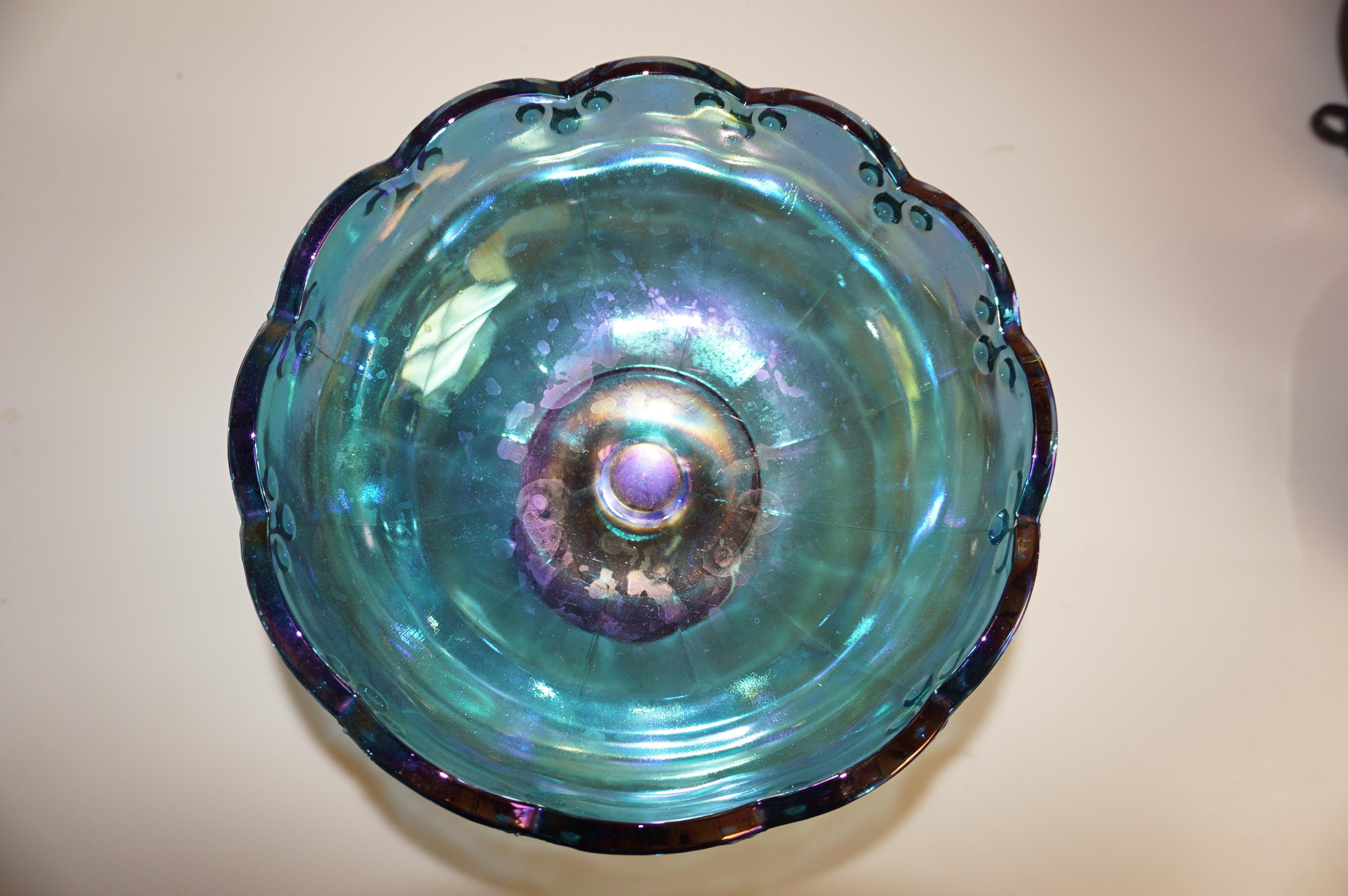 7-1/2"BLUE CARNIVAL GLASS COMPOTE