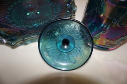 10" BLUE CARNIVAL GLASS PLATE & CRACKER JAR
