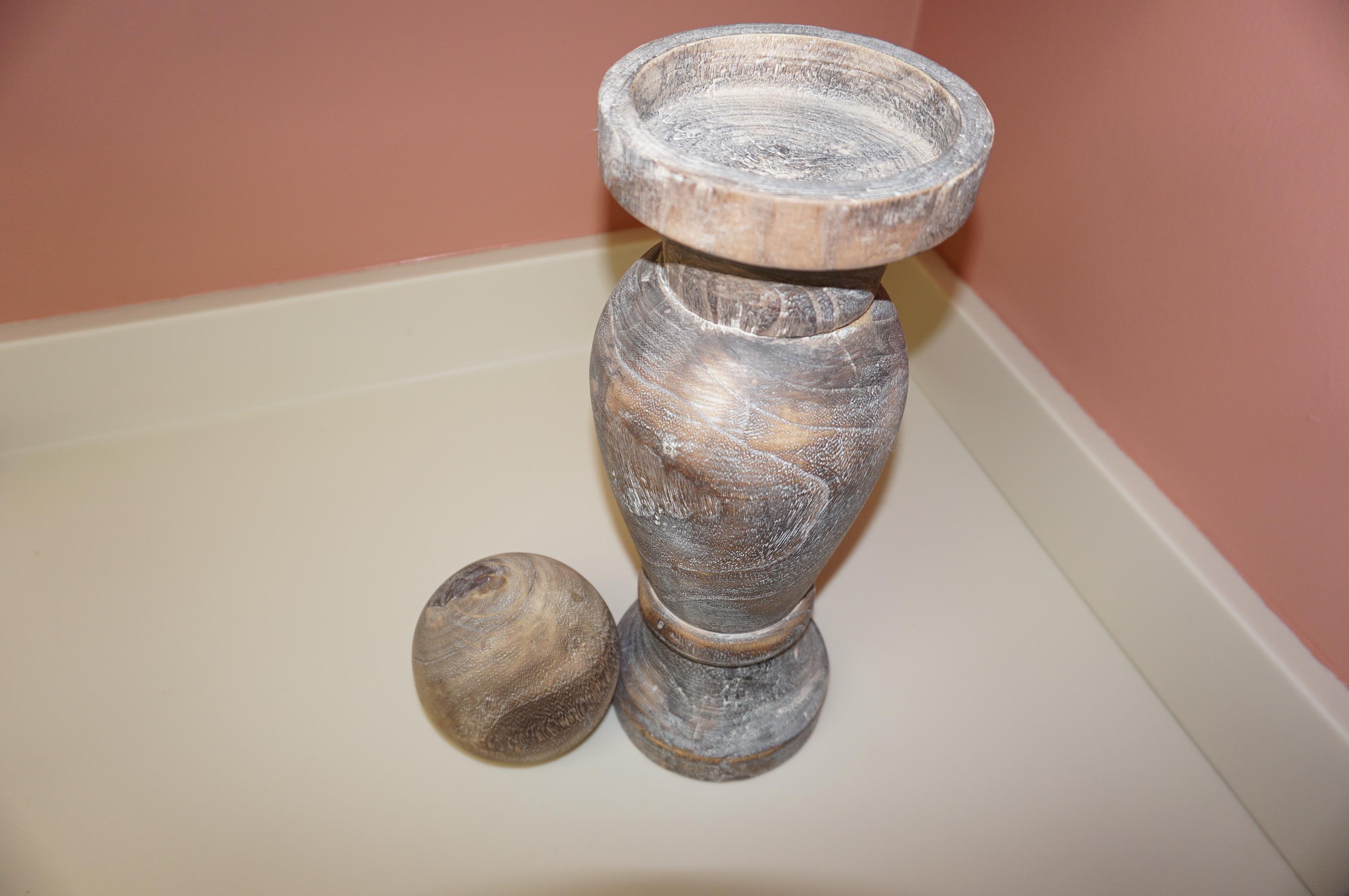 (2) WOODEN ORNAMENTAL PEDESTAL & BALL  FIGURINES