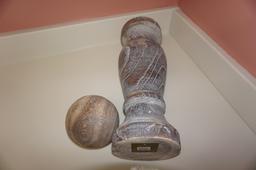 (2) WOODEN ORNAMENTAL PEDESTAL & BALL  FIGURINES