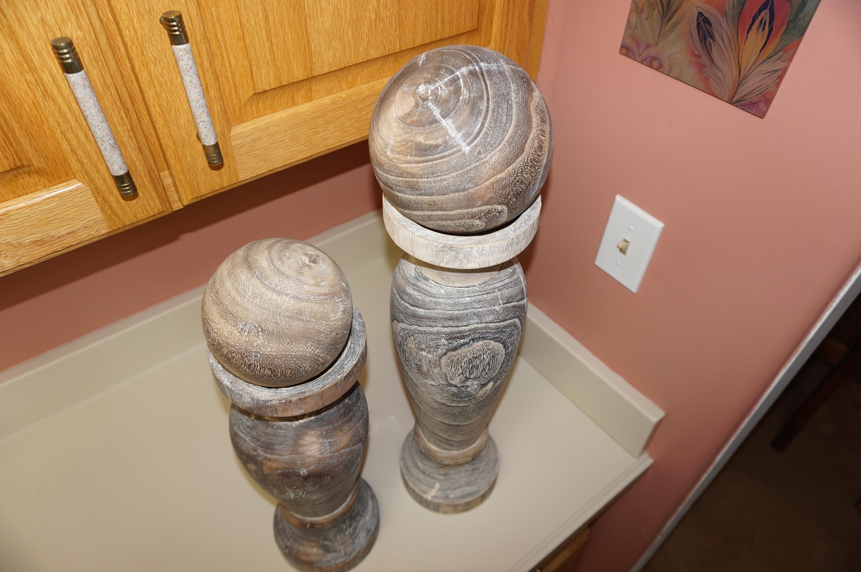 (2) WOODEN ORNAMENTAL PEDESTAL & BALL  FIGURINES