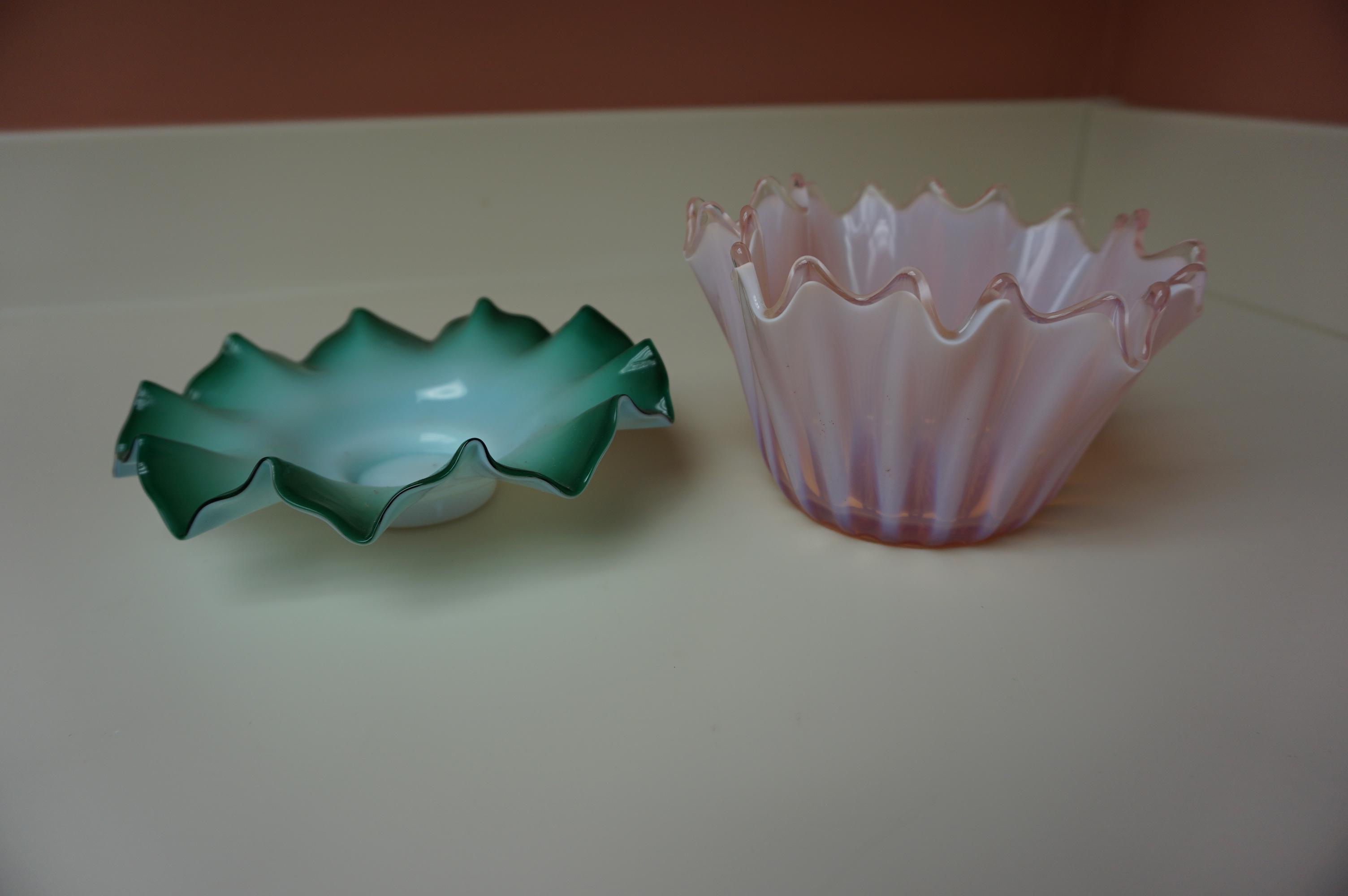 PINK FROSTED GLASS CANDY DISH? & GREEN RUFFLED PLATE