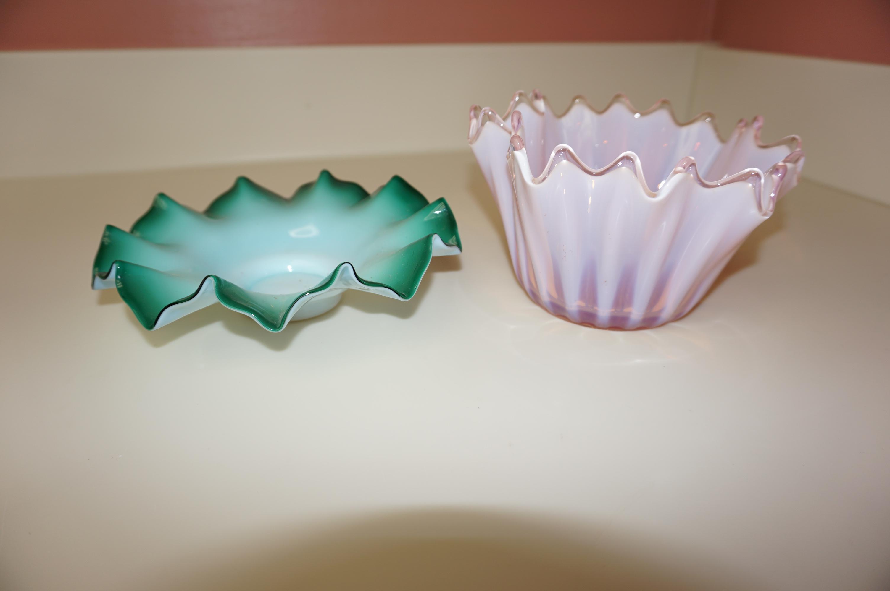 PINK FROSTED GLASS CANDY DISH? & GREEN RUFFLED PLATE