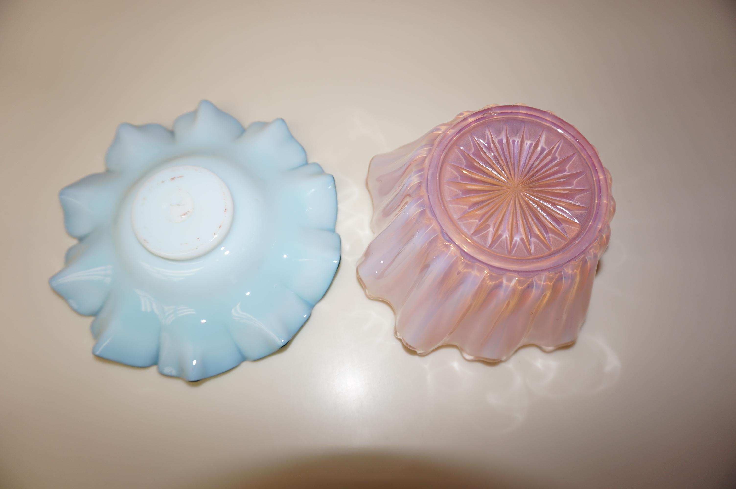 PINK FROSTED GLASS CANDY DISH? & GREEN RUFFLED PLATE