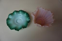 PINK FROSTED GLASS CANDY DISH? & GREEN RUFFLED PLATE