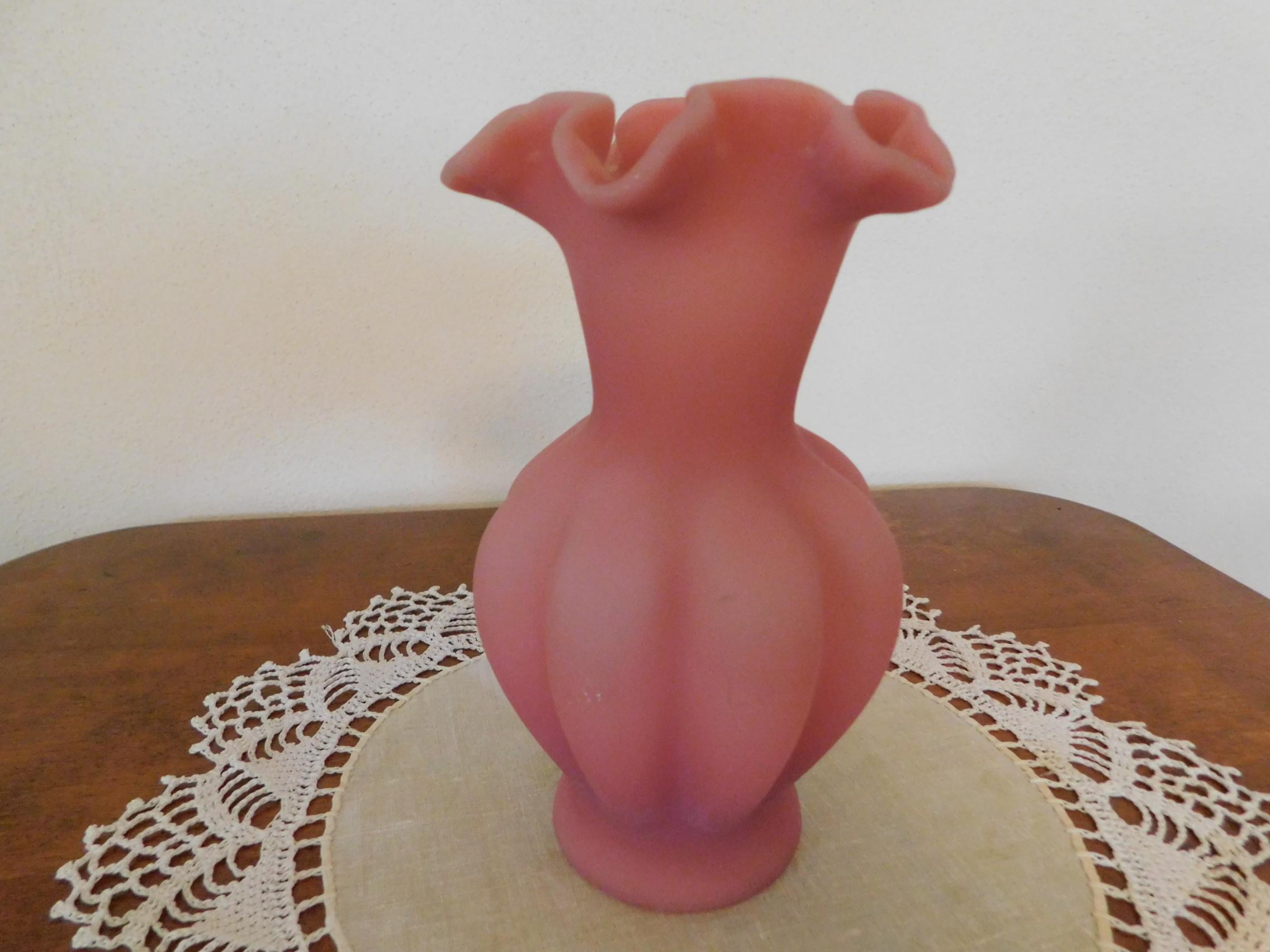 FENTON 7" PINK SATIN BASKET & 6" PINK SATIN FLOWER VASE