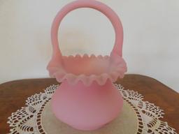 FENTON 7" PINK SATIN BASKET & 6" PINK SATIN FLOWER VASE