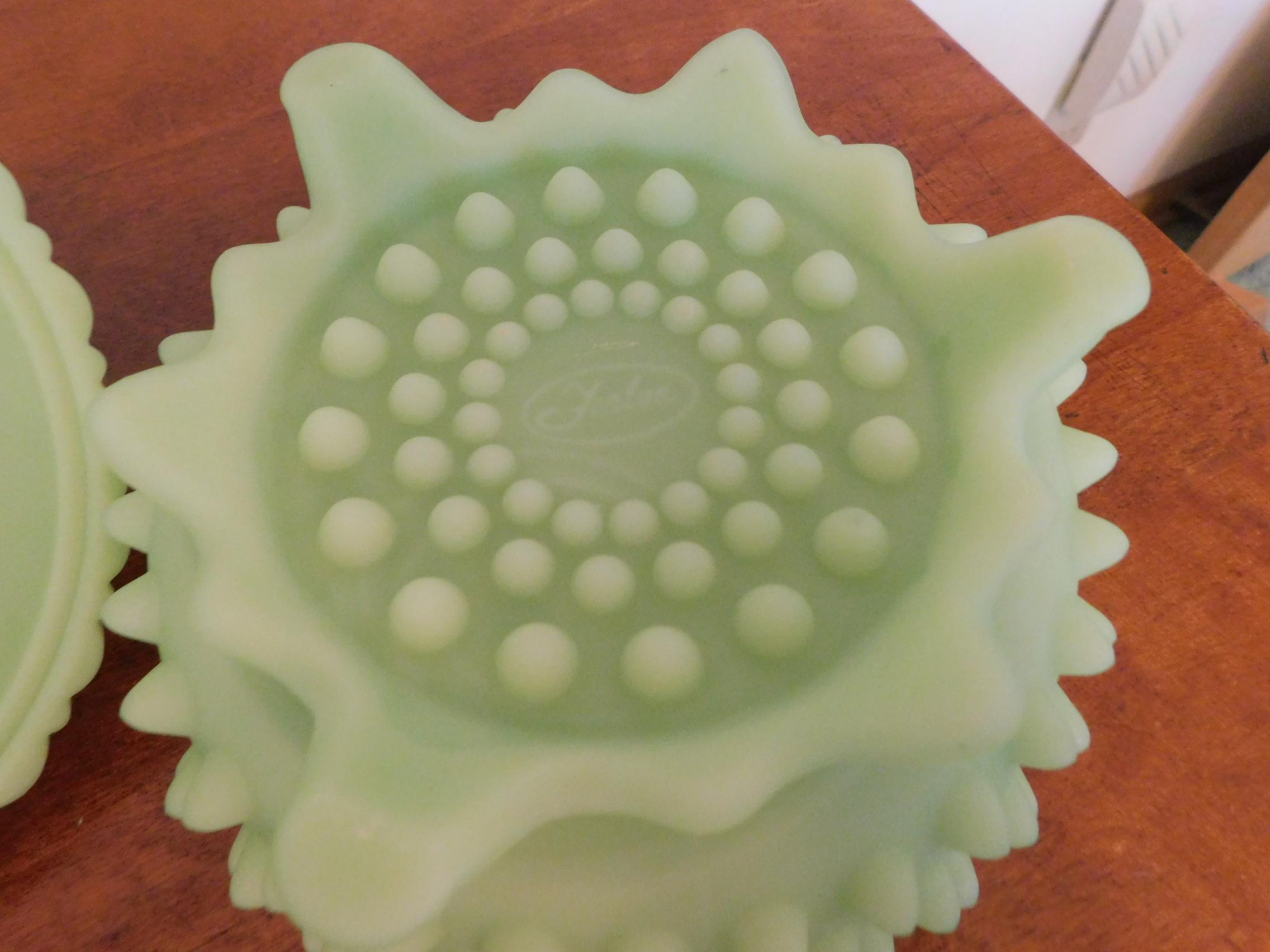 FENTON GREEN SATIN HOBNAIL  CANDY DISH & PRAYING CHILDREN