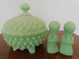 FENTON GREEN SATIN HOBNAIL  CANDY DISH & PRAYING CHILDREN