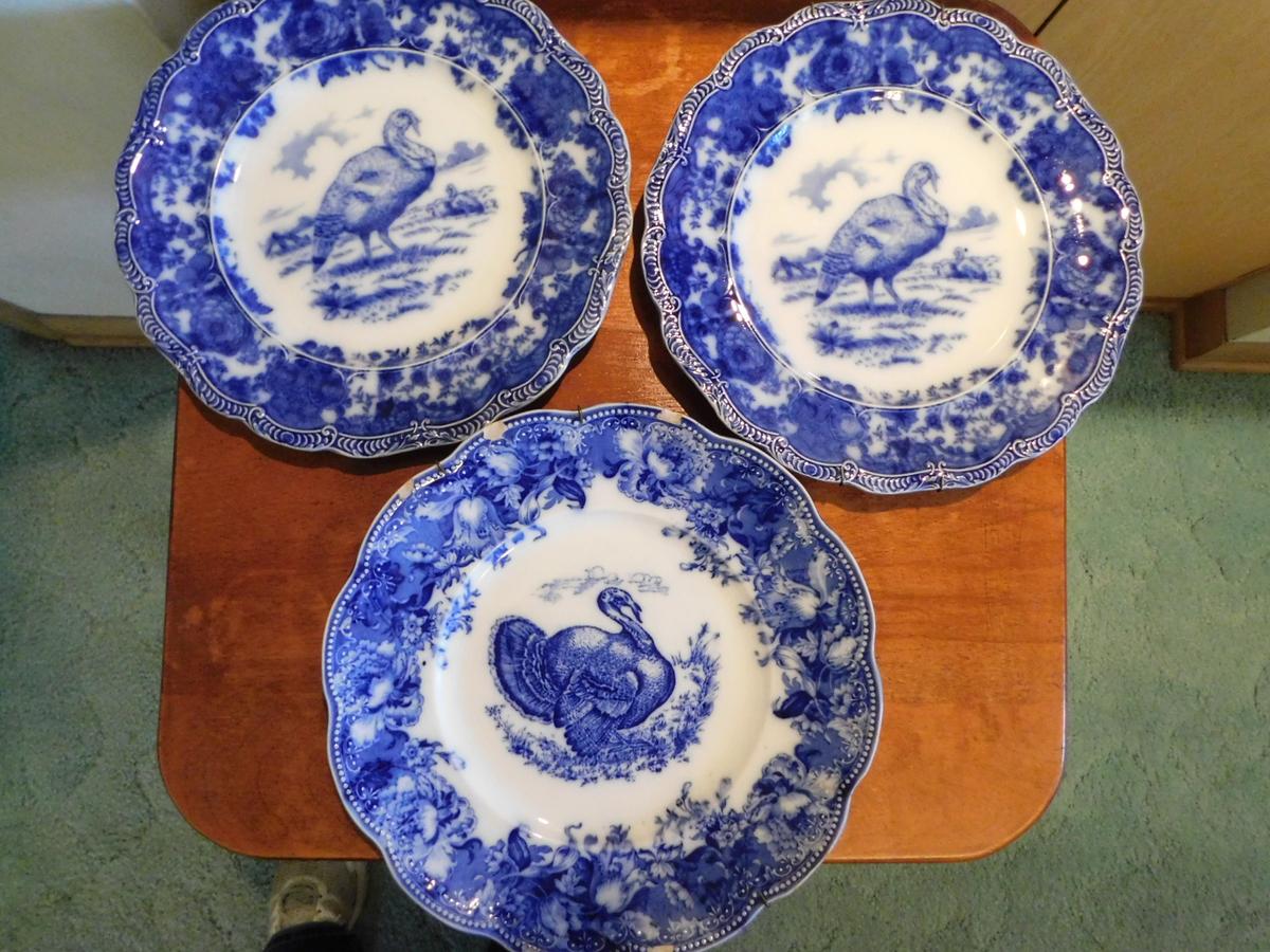 (3) FLOW BLUE 10" TURKEY PLATES