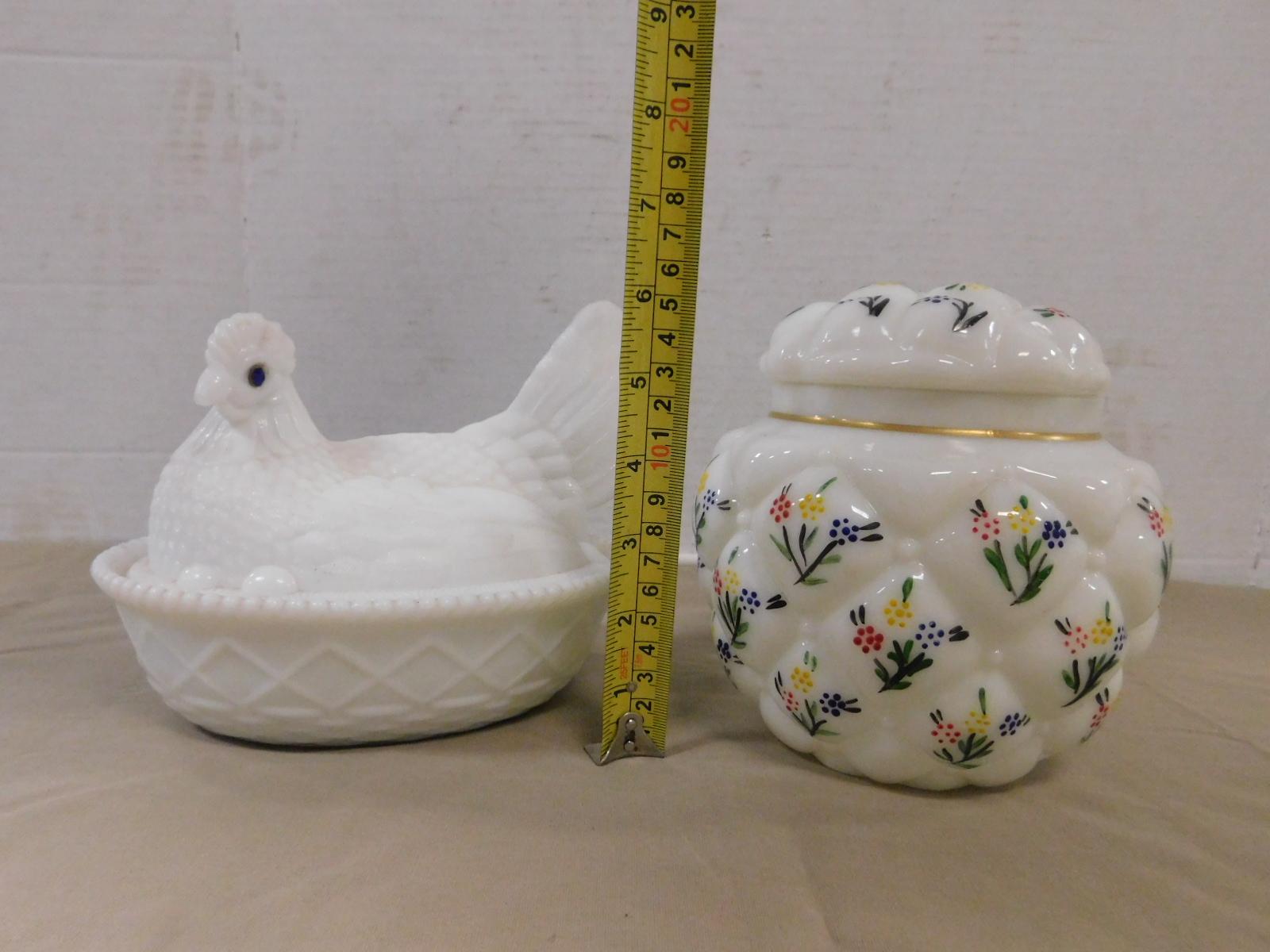 7" MILKGLASS HEN ON NEST & FLORAL MILK GLASS CANDY JAR