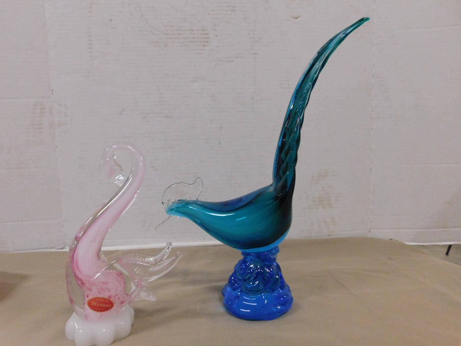 PINK MURANO SWAN & UNMARKED BLUE GLASS BIRD