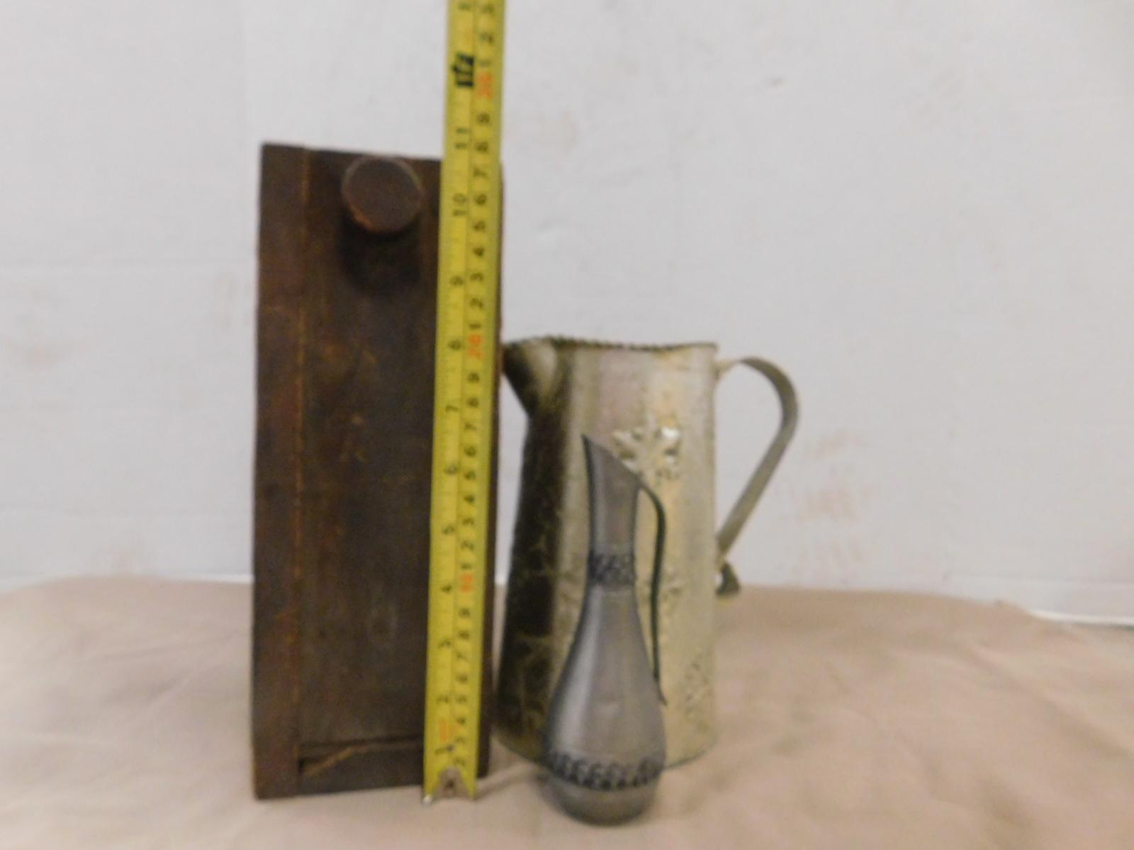 WOODEN SLIDE DRAWER BOX, TIN PITCHER & PEWTER VASE / PITCHER