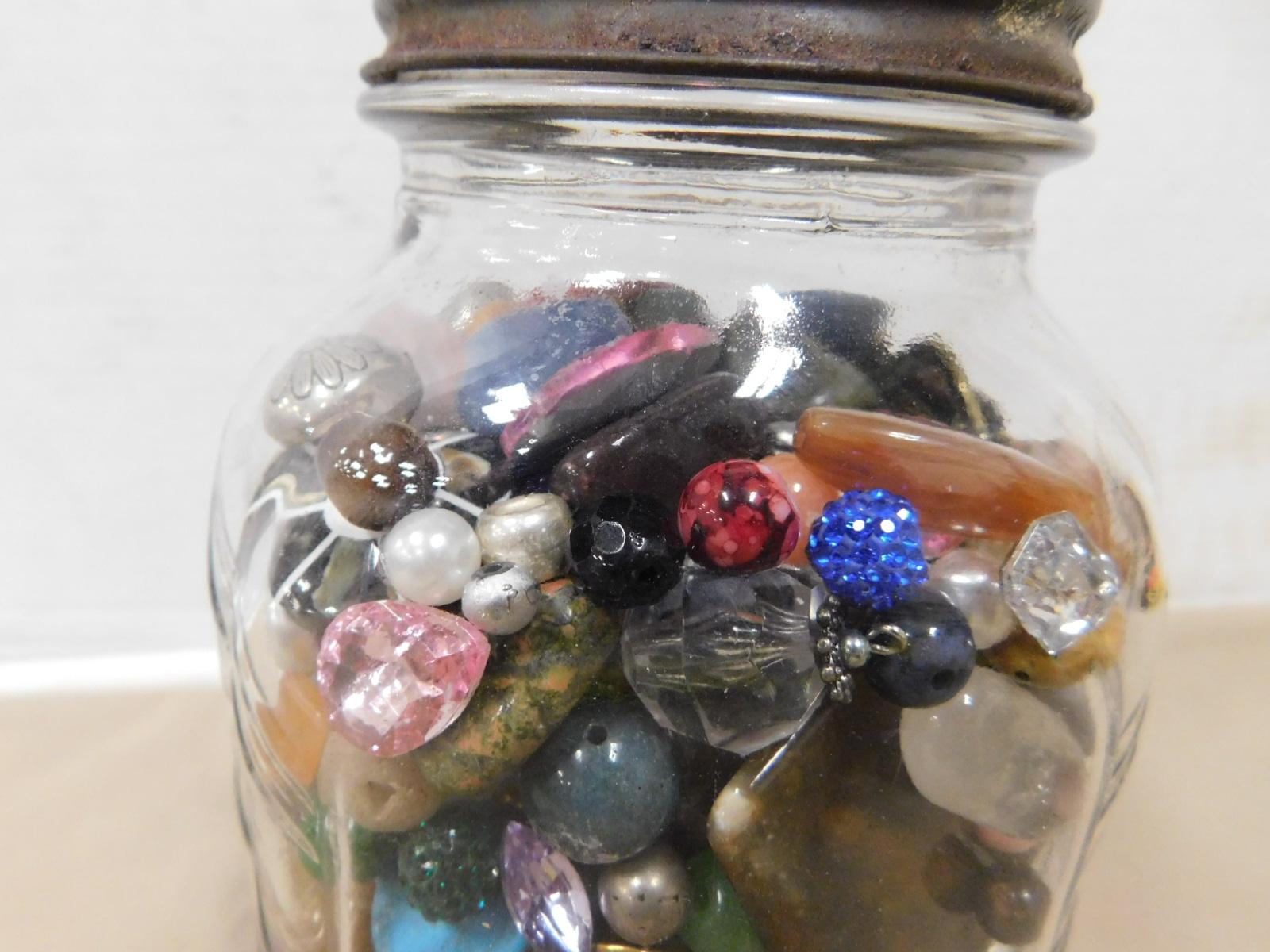 VINTAGE JAR W/ MISC. ROCKS, BEADS ECT.