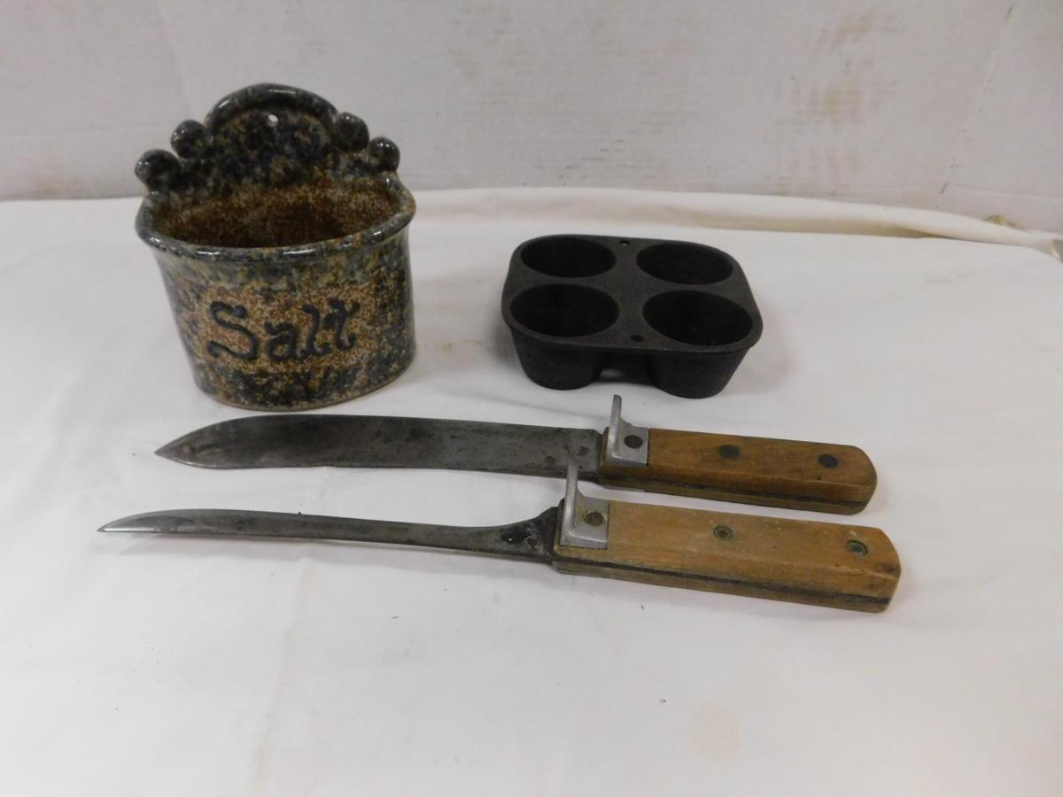 STONEWARE SALT CELLAR, KITCHEN KNIVES & 4CUP CAST IRON MUFFIN PAN