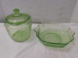 GREEN DEPRESSION GLASS BOWL & COOKIE JAR