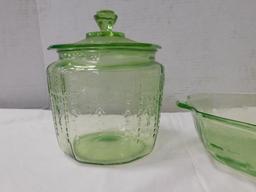 GREEN DEPRESSION GLASS BOWL & COOKIE JAR