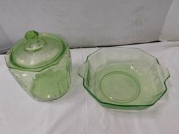 GREEN DEPRESSION GLASS BOWL & COOKIE JAR