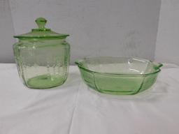 GREEN DEPRESSION GLASS BOWL & COOKIE JAR