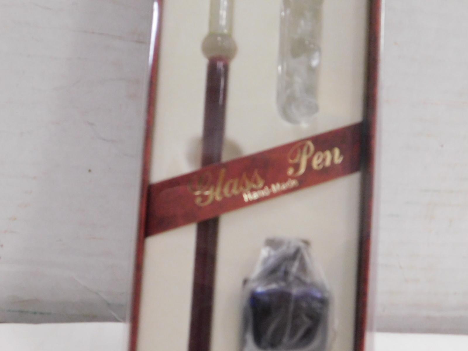 HAND MADE GLASS FOUNTAIN PEN W/ PEN REST & INK