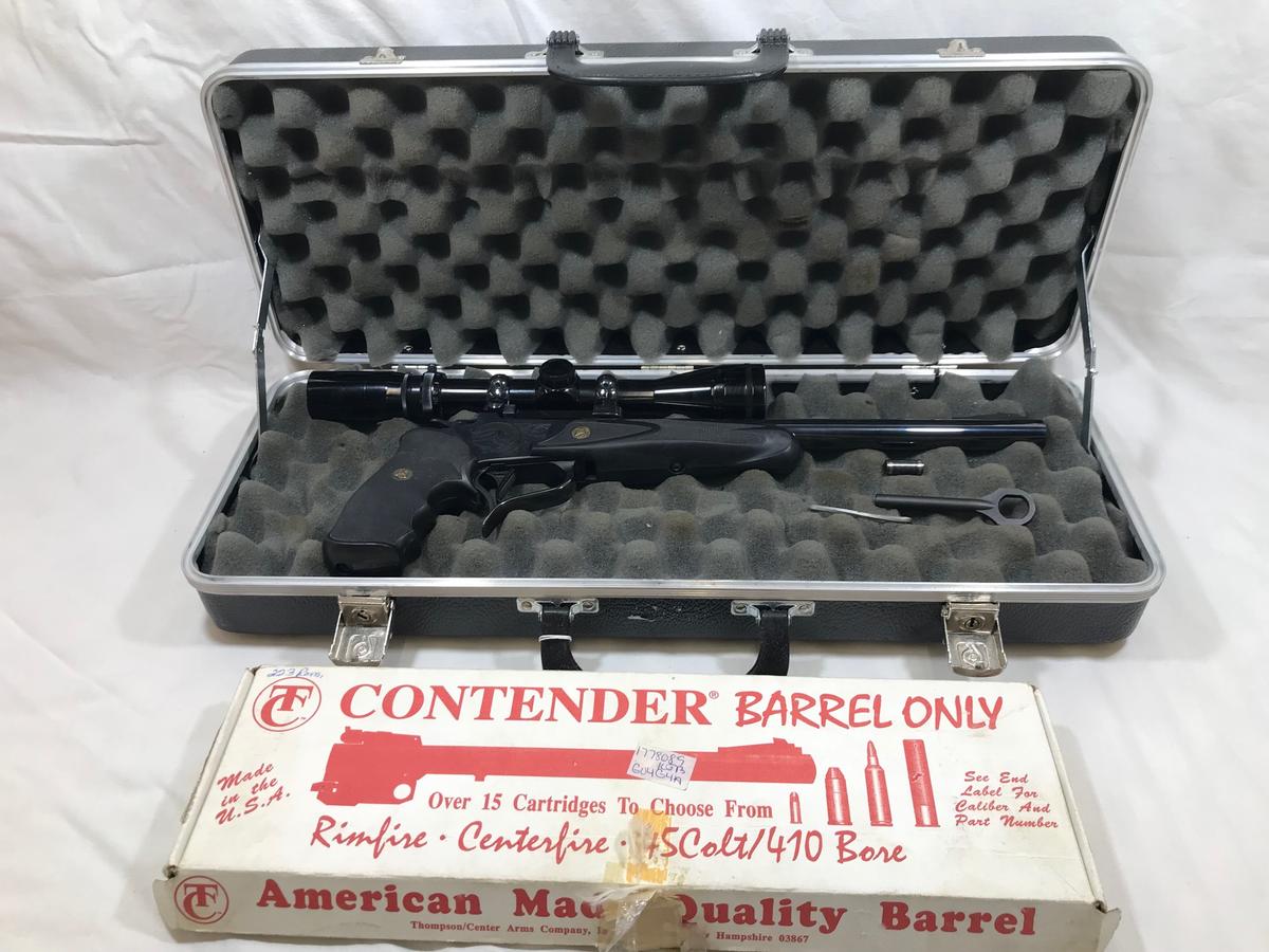 THOMPSON CENTER CONTENDER PISTOL W/ .22 HORNET CAL BARREL & SCOPE