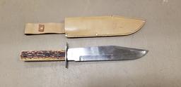 9 1/2" HUNTING KNIFE W/ STAG STYLE GRIP & LEATHER SHEATH