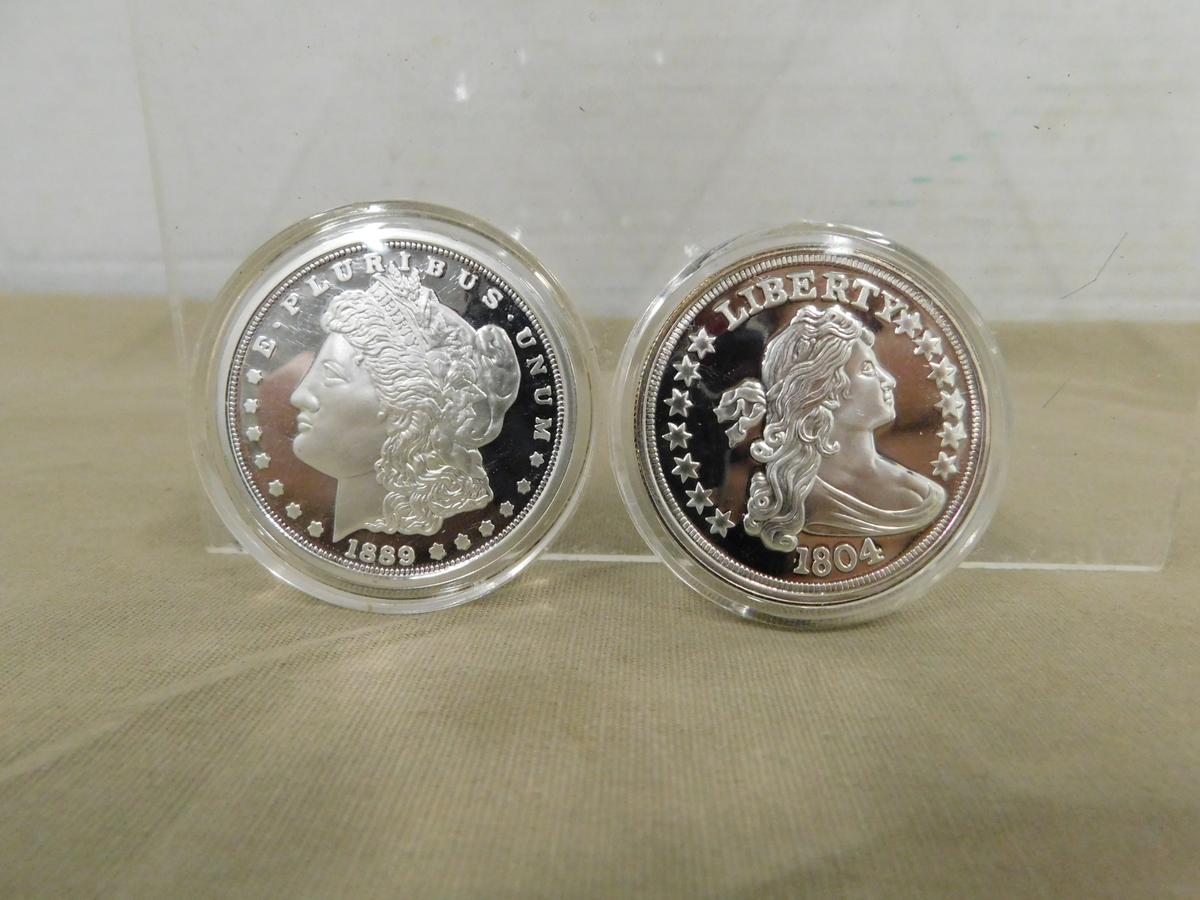 HERALDIC EAGLE REVERSE COPY & 1889 MORGAN COPY COINS