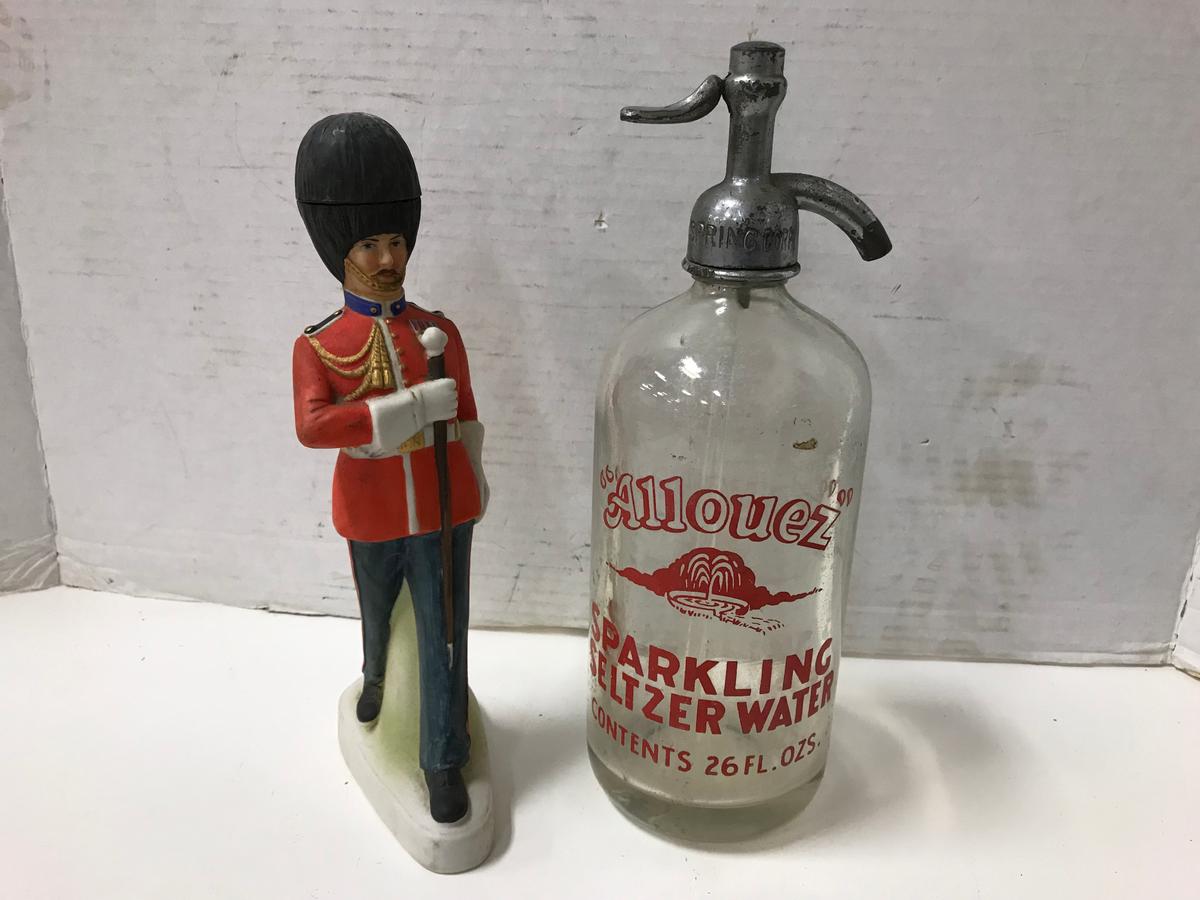 VINTAGE ALLOUEZ SPARKLING SELTZER BOTTLE & BRITISH GUARD DECANTER