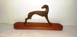 METAL GREYHOUND FIGURE ON WOODEN BASE