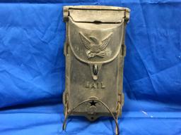 ANTIQUE CAST ALUMINUM MAIL BOX W/ NEWSPAPER HOLDER