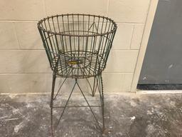 ANTIQUE F. M. THORPE WIRE STORAGE / LAUNDRY BASKET ON STAND