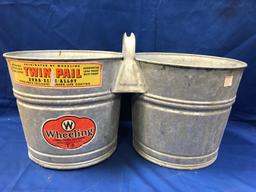 WHEELING GALVANIZED TWIN PAIL W/ ORIGINAL MARKETING STICKERS