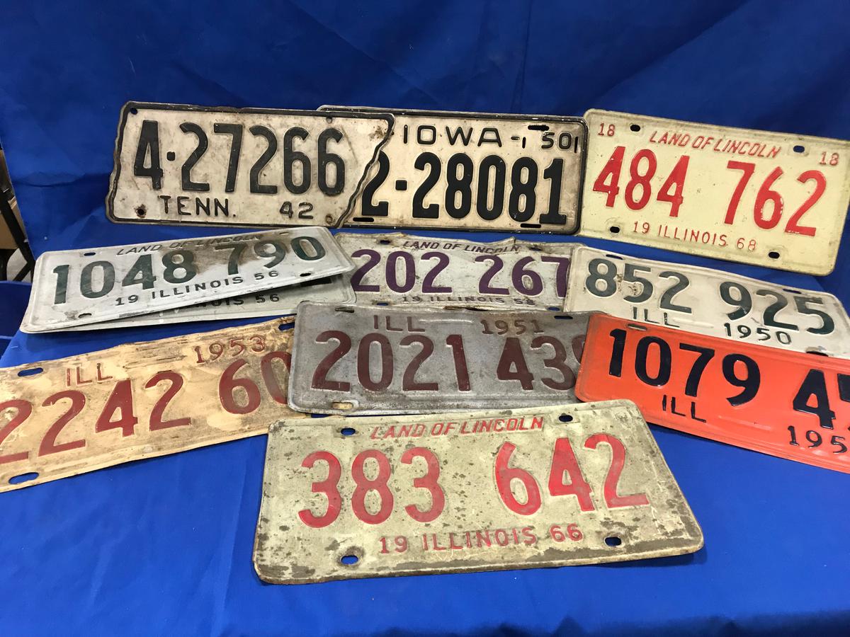 STACK OF (11) VARIOUS LICENSE PLATES 1942-1980