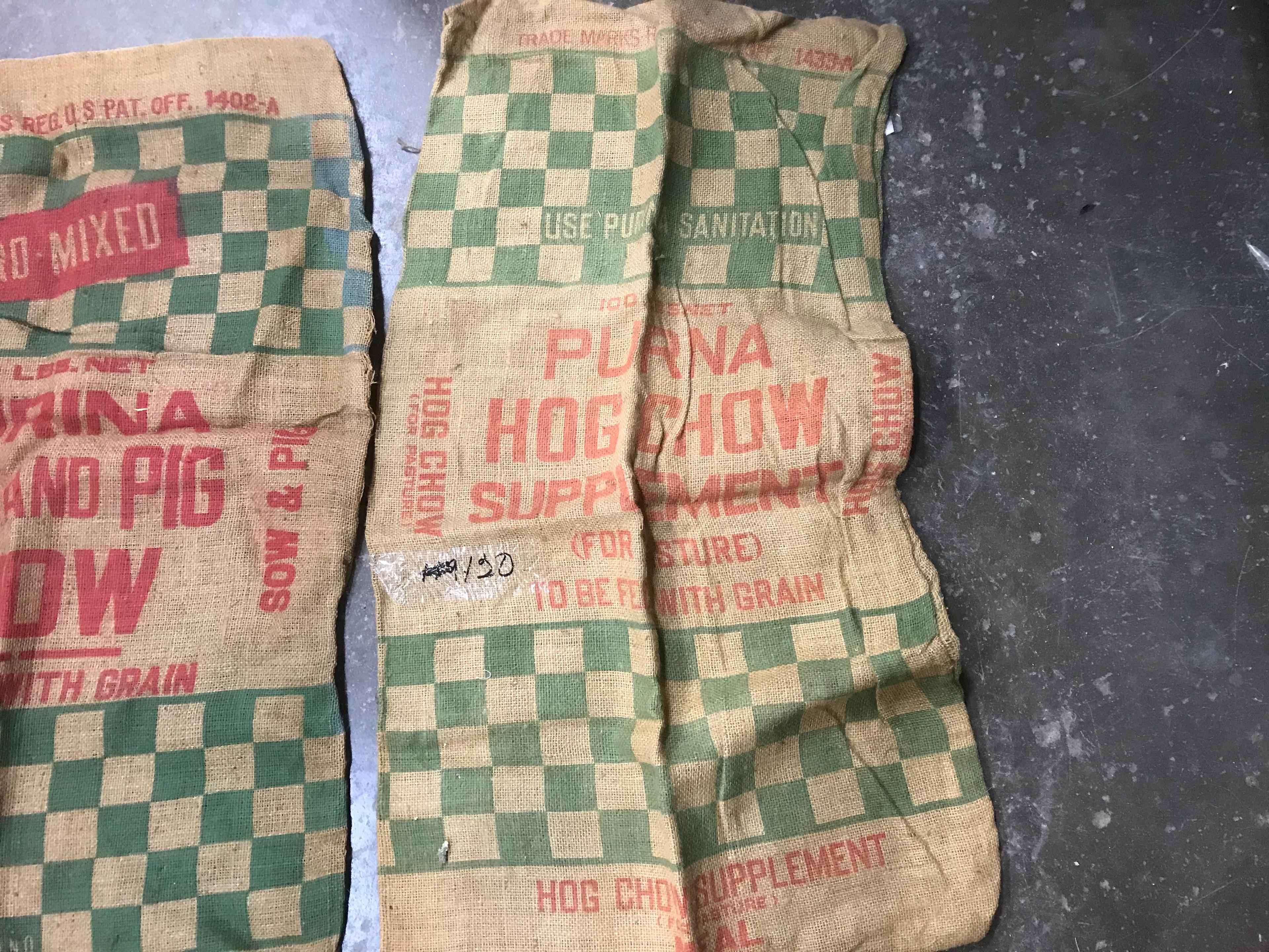 (2) PURINA PIG CHOW BURLAP 100# FEED BAGS