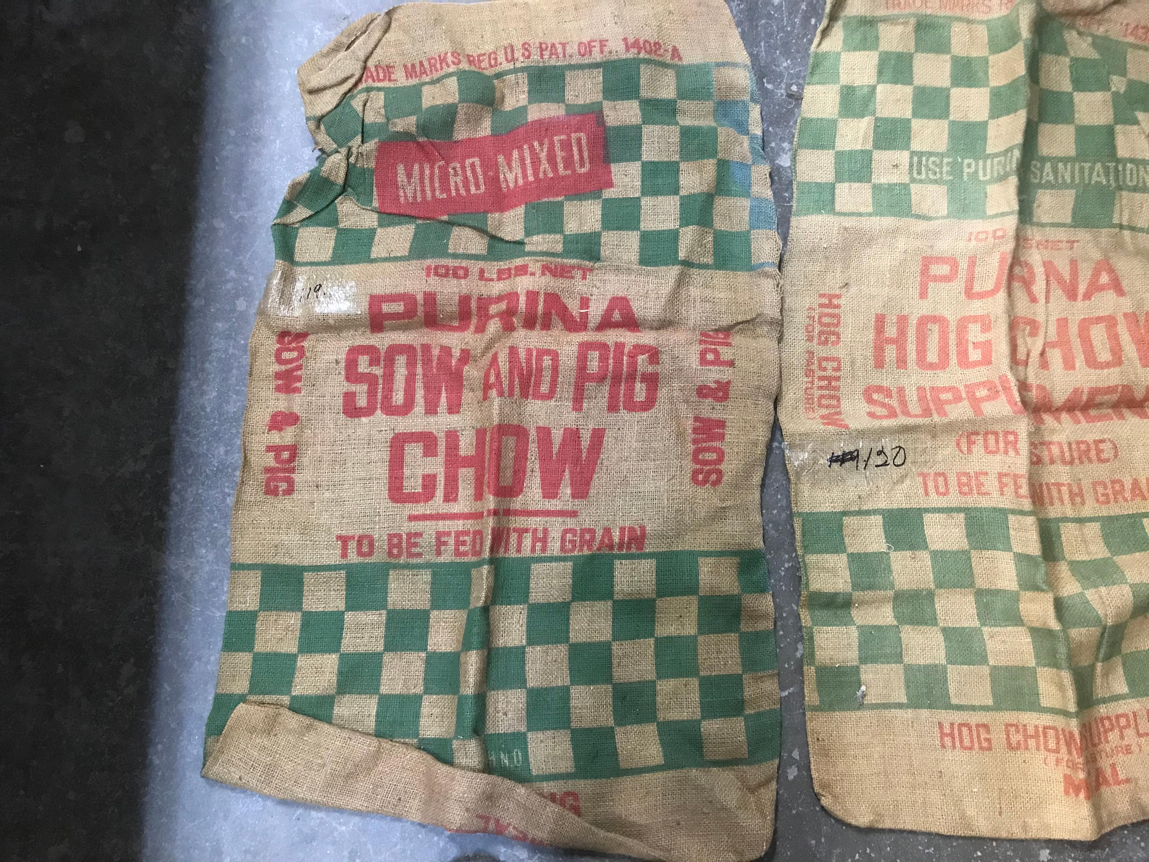 (2) PURINA PIG CHOW BURLAP 100# FEED BAGS