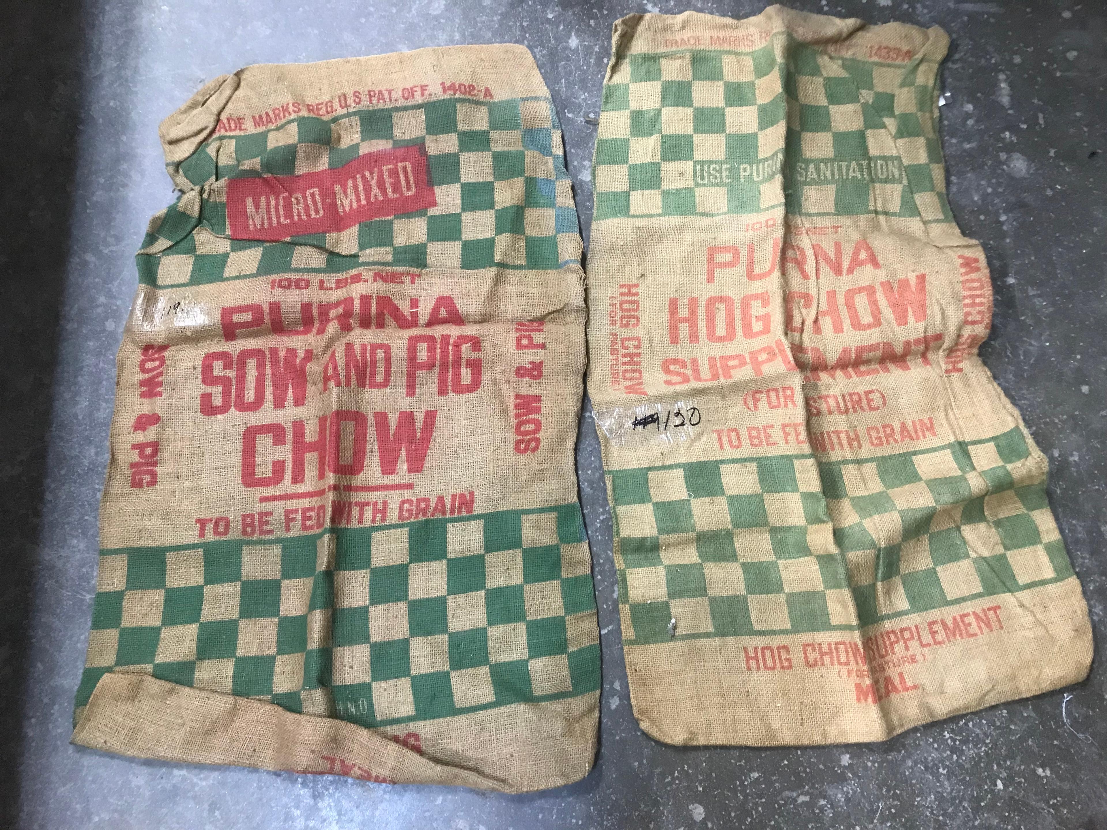 (2) PURINA PIG CHOW BURLAP 100# FEED BAGS