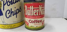 2LB. BUTTERNUT COFFEE CAN & CHESTY 1 LB.  POTATO CHIP TIN